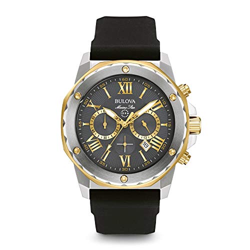 Bulova Men's Marine Star Series A Two-Tone Gold Ion-Plated Stainless Steel 6-Hand Chronograph Quartz Watch, Black Silicone Strap, 44mm Style: 98B277