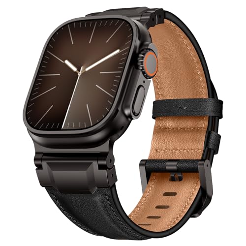LOIRNBR Leather Bands Compatible with Apple Watch Ultra 3/2/1 Band 49mm 46mm 45mm 44mm 42mm Men, Genuine Leather Metal Connector Strap for iWatch Ultra Series 11/10/9/8/7/SE/6/5/4/3/2/1, Black/Black