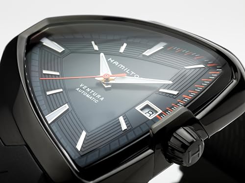 Hamilton Ventura Automatic Men's Watch, 42mm x 45mm Stainless Steel Case, Swiss Made, Black Dial Analog Wrist Watch for Men, 50m Waterproof, Sapphire Crystal, 3-Hand Movement, Rubber Strap