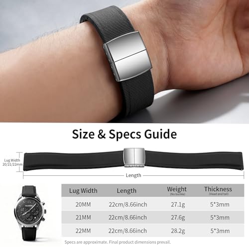 ULLCHRO FKM Rubber Watch Strap 20mm, Quick Release Watch Band 22mm for Men Women, Waterproof Soft Premium Fluororubber Cut to Size 18mm 19mm 21mm 23mm 24mm Deployment Clasp (20mm, Black)