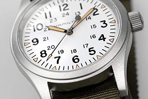 Hamilton Khaki Field Mechanical Men's Watch, 38mm Stainless Steel Case, Swiss Made, White Dial Analog Wrist Watch for Men, 50m Waterproof, Sapphire Crystal, Textile Strap
