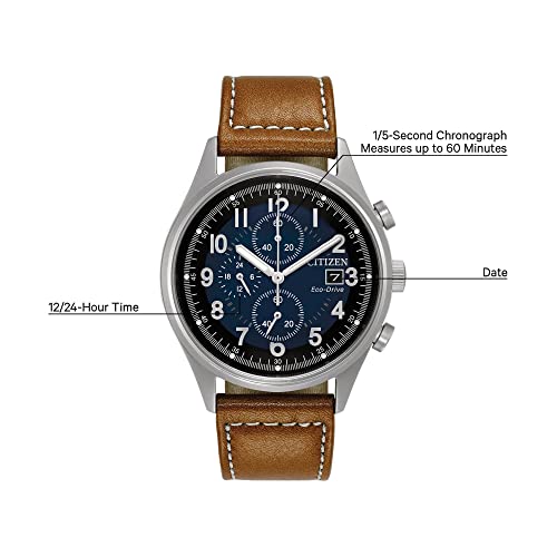 CITIZEN Men's Eco-Drive Weekender Garrison Chronograph Field Watch in Stainless Steel with Brown Leather Strap, Blue Dial (Model: CA0621-05L)