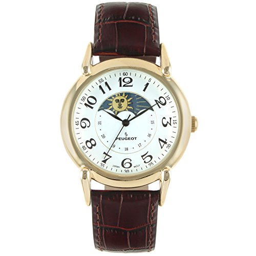 Peugeot Men's 14K Gold Plated Vintage Moon Phase Leather Dress Watch