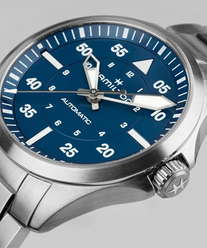 Hamilton Khaki Aviation Pilot Automatic Men's Watch, 39mm Stainless Steel Case, Swiss Made, Blue Dial Analog Wrist Watch, 100m Waterproof, Sapphire Crystal, 3-Hand Movement, Stainless Steel Strap