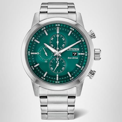 Citizen Men's Eco-Drive Sport Casual Watch, Silver-Tone Stainless Steel Bracelet, Green Dial, Chronograph, Date (Model: CA0748-80X)