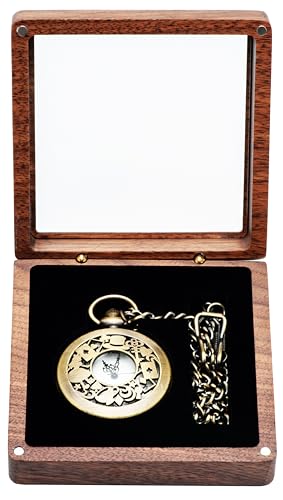 COSISO Walnut Wood Pocket Watch Box with Clear Acrylic Lid Portable Single Pocket Watch Display Storage Travel Case Organizer for Men Women (Contain Chain Clamp Slot)