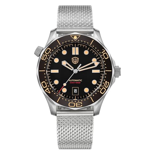 TACTICAL FROG Watchdives WD007 Sea Ghost NTTD Titanium Dive Watch for Men, 42 mm Bubble Sapphire Crystal Watch Mirror PT5000 Movement with Calendar Mesh Bracelet, Black Dial
