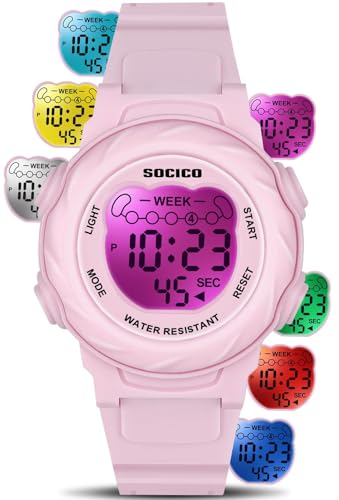 SOCICO Kids Digital Watches for Girls Boys, 7 Color Lights Waterproof Sport Outdoor Wristwatch with Stopwatch, Alarm, Date, Great Gift for Child Ages 5-12