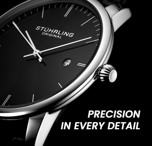 Stuhrling Original Men’s Watch Black Dial Dress Watch 40mm, Ultra Slim Mens Watch Black Leather Strap, Quartz Analog Men’s Wrist Watch, Classic Minimalist Watch for Men
