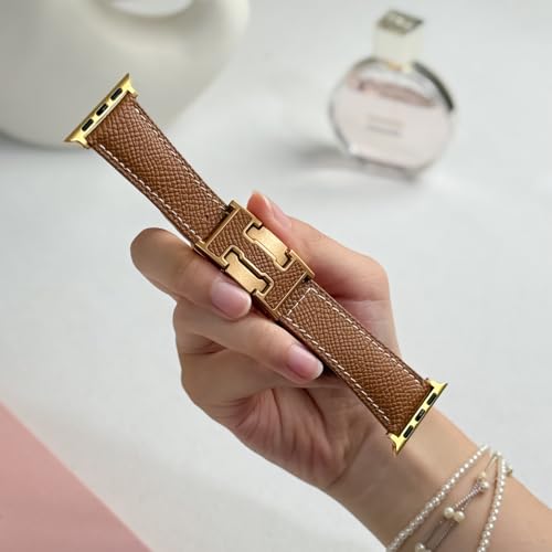 Designer Leather Band Compatible with Apple Watch 49mm46mm45mm44mm42mm41mm 40mm38mm for Women,Magnetic Buckle Replacement Strap for iWatch Ultra 3/ 2 /1 SE 3/2/1 Series 11/10/9/8/7/6/5/4/3/2/1 (Brown Band+Gold H Buckle, 38mm40mm41mm42mm)
