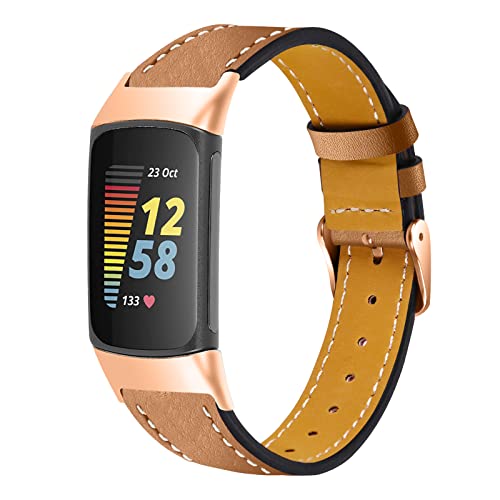Mtozon Leather Bands Compatible with Fitbit Charge 6/Charge 5, Replacement Genuine Leather Straps for Women Men, Brown