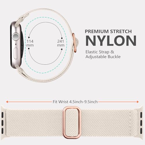 Maledan Stretchy Solo Loop Compatible with Apple Watch Bands Women Men 40mm 44mm 45mm 41mm 38mm 49mm 42mm 46mm,Soft Nylon Elastic Wristband for iWatch Series SE 11 10 9 8 7 6 5 4 3 2 1 Ultra,Starlight