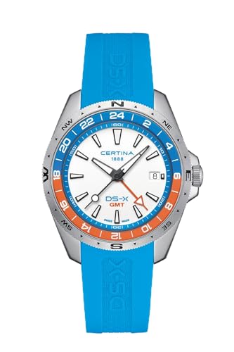 Certina,Mens,DS-X GMTQuartz,Stainless Steel,41.2mmWatch,White,Rubber,C0474521701100