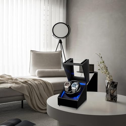 Mcbazel Watch Winder with Led Light, Dual Watch Winder Box for Automatic Watches, Ultra-Quiet Motor, 5 Rotation Modes, Gifts for Men, Beloved, Women - Black
