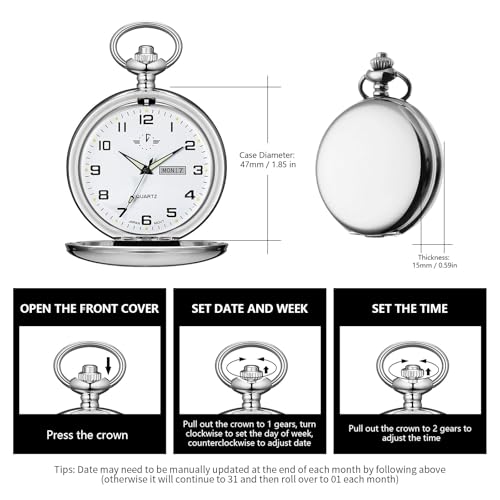 BOSHIYA Smooth Quartz Pocket Watch for Men Classic Arabic Digital Luminous Dial with Day Date and Chain Christmas Graduation Birthday Gift Silver