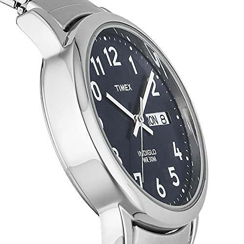 Timex Men's Easy Reader 35mm Day-Date Watch – Silver-Tone Case Blue Dial with Silver-Tone Expansion Band