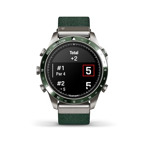 Garmin MARQ Golfer (Gen 2) Smartwatch, Grade-5 Titanium Case, Sapphire Lens, AMOLED Display, Advanced Golf Features & Virtual Caddie, Green Jacquard-Weave Nylon Strap, 010-02648-20 (Renewed)