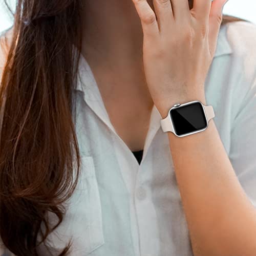Thin Slim Band Compatible with Apple Watch 38mm 40mm 41mm 42mm 44mm 45mm 46mm 49mm, Replacement Silicone Sport Strap for iWatch Series 11/10/9/8/7/6/5/4/3/2/1 Ultra SE Women Men, Starlight