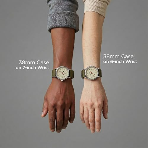 Timex Unisex Weekender 38mm Watch – Silver-Tone Case Cream Dial with Olive Fabric Slip-Thru Strap