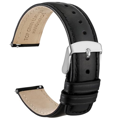 WOCCI 20mm Watch Band for Men and Women, Genuine Leather - Top Grain Leather, Quick Release Strap, Silver Buckle (Black)