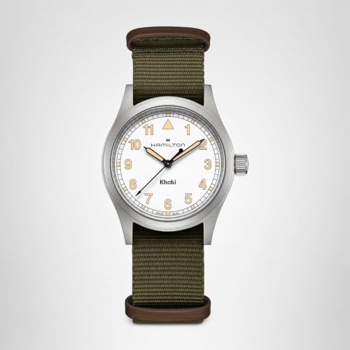 Hamilton Khaki Field Khaki Quartz Men's Watch, 38mm Stainless Steel Case, Swiss Made, White Dial Analog Wrist Watch for Men, 50m Waterproof, Sapphire Crystal, Textile Strap