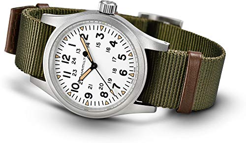 Hamilton Khaki Field Mechanical Men's Watch, 38mm Stainless Steel Case, Swiss Made, White Dial Analog Wrist Watch for Men, 50m Waterproof, Sapphire Crystal, Textile Strap