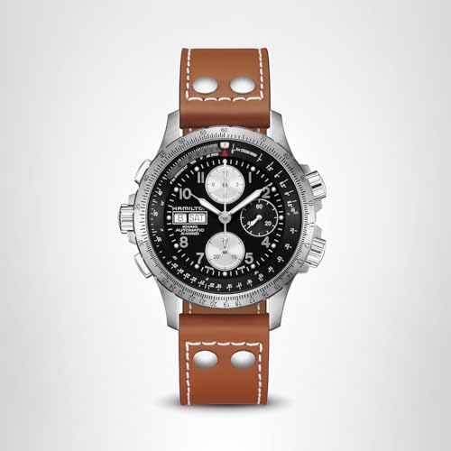 Hamilton Khaki Aviation Automatic Men's Watch, 44mm Stainless Steel Case, Swiss Made, Black Dial Analog Wrist Watch for Men, 100m Waterproof, Sapphire Crystal, Cow Leather Strap