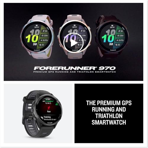 Garmin® Forerunner® 970, Premium GPS Running and Triathlon Smartwatch, AMOLED Display, Built-in LED Flashlight, Carbon Gray DLC Titanium with Black Case and Translucent Whitestone Band