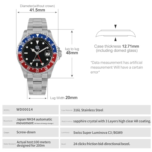 watchdives GMT Watches for Men WD0014 Dual Time Zone Dive Watch NH34 Automatic Vintage Wristwatch 40mm Aluminum Bezel (Black White/Red Blue)