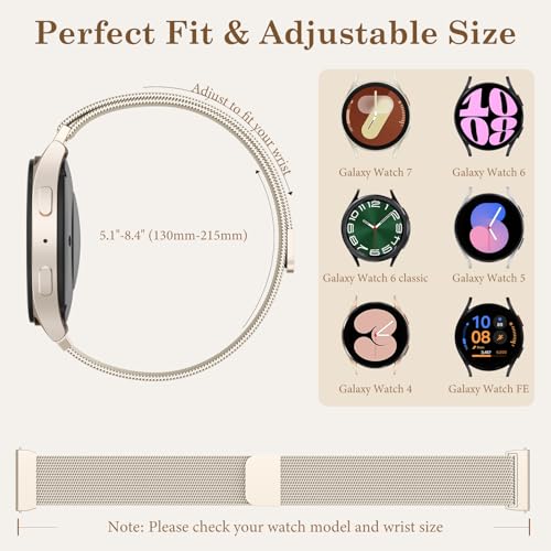 SNBLK Slim Metal Magnetic Bands Compatible with Galaxy Watch 7 Band 6 5 4 FE 40mm 44mm/6 Classic/Active 2/5 Pro/3, 20mm Milanese Stainless Steel loop Mesh Strap for Samsung Watch 7 Bands for Women