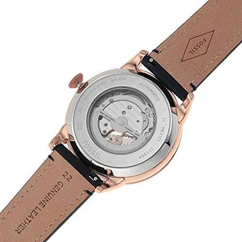 Fossil Men's Watch, Townsman Automatic Stainless Steel and Leather Two-Hand Skeleton Watch, Color: Rose Gold/Navy