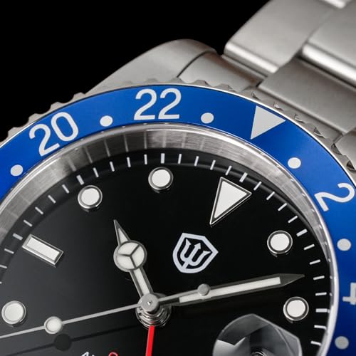 watchdives GMT Watches for Men WD0014 Dual Time Zone Dive Watch NH34 Automatic Vintage Wristwatch 40mm Aluminum Bezel (Black White/Red Blue)