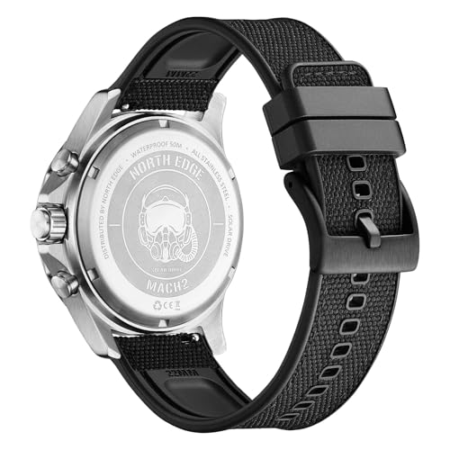 NORTH EDGE Men’s Solar Powered Watch with TPR & Nylon Strap, Quartz Analog Watch, 50M Water Resistant, 316 Stainless Steel Case, Hardened Mineral Glass, 22mm Strap