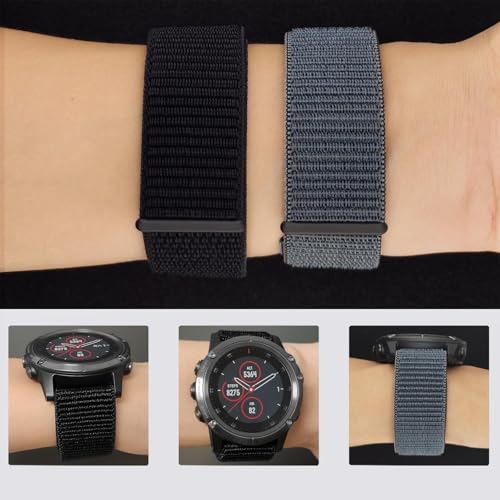 Abanen Hook and Loop Quick Dry Watch Band for Fenix 8 / epix Pro/Fenix 7/6/5 (47mm), 22mm Woven Nylon Ultralight Sport Wristband Strap for Garmin Instinct 2, Instinct 3 45mm (Black Grey)