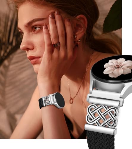 Braided Magnetic Band Compatible with Samsung Galaxy Watch 7 6 5 4 FE 40mm 44mm/6 Classic/5 Pro/4 Classic/3 41mm/Active 2 Women Men, 20mm Celtic Stretchy Elastic Dressy Nylon Strap, No for 8/Ultra