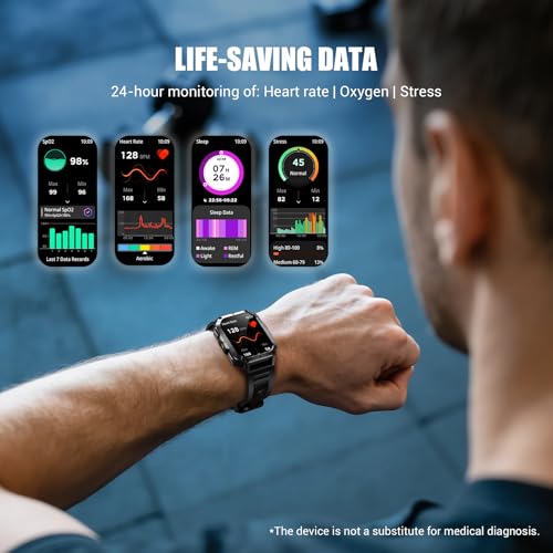 Military Tactical Smart Watches for Men, 100-Day Battery Rugged Fitness Watch with Compass & Flashlight, Sports Watch for Android with 2.01" HD Display AI Voice, IP68 Waterproof Smartwatch (Black)