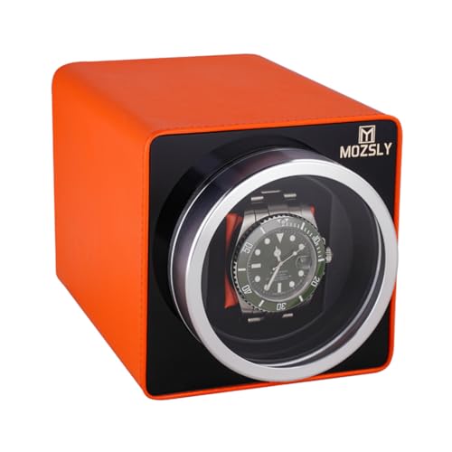 MOZSLY Single Watch Winder for Automatic Watches with Quiet Motor 12 Rotation Mode Setting Orange Leather