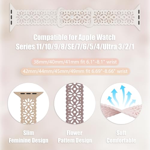 Steezrd 5 Pack Slim Lace Silicone Bands Compatible for Apple Watch Band 38mm 40mm 41mm 42mm 44mm 45mm 49mm, Thin Hollow-out Breathable Sport Strap for iWatch Ultra Series 8/7/SE/6/5/4/3/2/1 Women Men