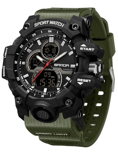 FANMIS Men's Solar Powered Casual Quartz Wrist Watch Analog Digital Multifunctional Black Sports Watch (X Army Green)