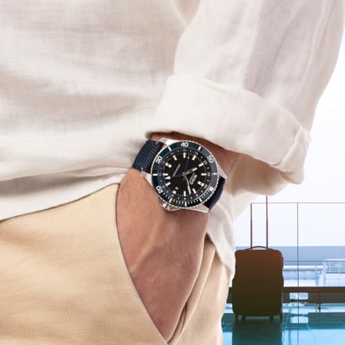 MIDO Ocean Star GMT - Swiss Automatic Watch for Men - 44mm Stainless Steel Case with Black Ceramic Rotating Bezel - Black Dial - Blue Fabric Strap - M0266291705100