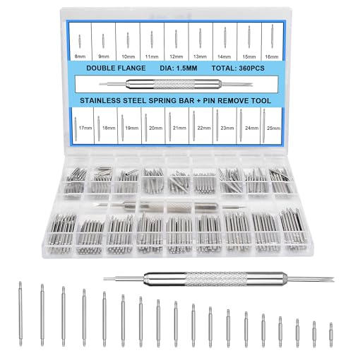 360Pcs 8-25mm Watch Band Pins, Diameter 1.5mm Watch Band Spring Bar Link Pins with Strap Link Pin Remover Tool, Watch Repair Kit for Most Kinds of Stainless Steel Watch