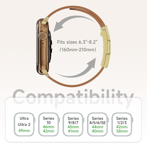 Designer Leather Band Compatible with Apple Watch 49mm46mm45mm44mm42mm41mm 40mm38mm for Women,Magnetic Buckle Replacement Strap for iWatch Ultra 3/ 2 /1 SE 3/2/1 Series 11/10/9/8/7/6/5/4/3/2/1 (Brown Band+Gold H Buckle, 38mm40mm41mm42mm)