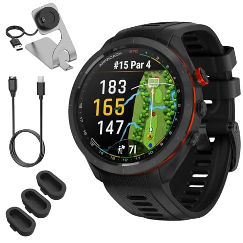 Garmin 010-02746-02 Approach S70 47 mm Premium GPS Golf Watch, Black Band Bundle with Deco Essentials Charging Dock, 3X Silicone Dust Cover and USB Type C Charging and Sync Cable