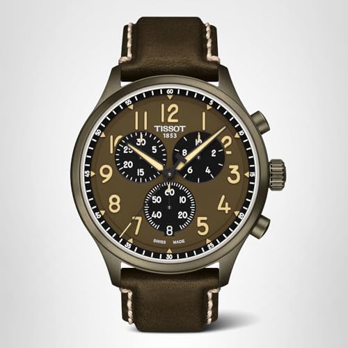 Tissot Mens Tissot Chrono XL 316L Stainless Steel case with Khaki PVD Coating Quartz Watches, Khaki, Leather, 22 (T1166173609200)