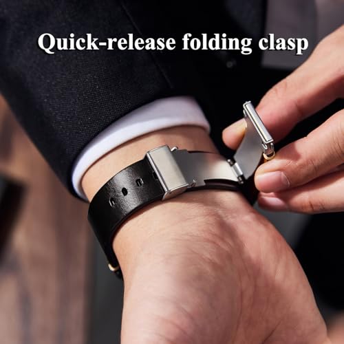 Getalia leather Watch Band Foldover Clasp Vegetable-Tanned Genuine Leather,18mm 19mm 20mm 21mm 22mm Quick Release Replacement Watch Straps for Men and Women (Black: Width-20mm)
