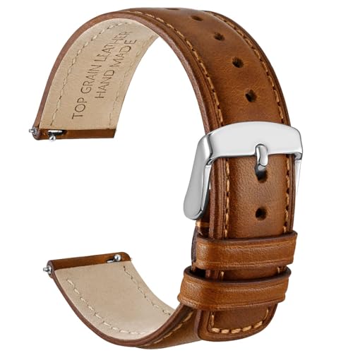 WOCCI 18mm Watch Band for Men and Women, Genuine Leather - Top Grain Leather, Quick Release Strap, Silver Buckle (Golden Brown)