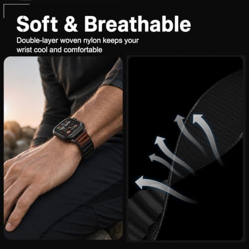 MRAIN-H Leather Design Compatible with Apple Watch Bands Ultra 3 2 1 (49mm) & Series 11 10 9 8 7 6 5 4 SE 3 2 1 (46mm 45mm 44mm), Soft Stretchy Nylon Sport Band for iWatch Men Women