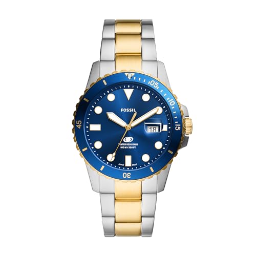 Fossil Men's 42mm Blue Quartz Stainless Steel, Gold/Silver/Blue Dive-Inspired Three-Hand Watch, FS6034