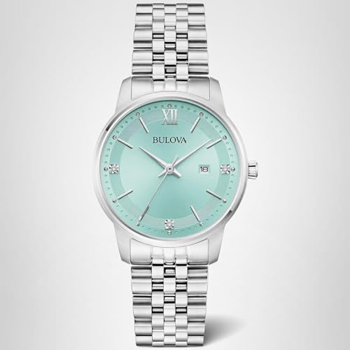 Bulova Ladies Quartz Dress Classic Watch, Silver-Tone Stainless Steel Bracelet, Aqua Dial, Calendar Style: 96P259