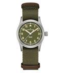 Hamilton Khaki Field Khaki Quartz Men's Watch, 33mm Stainless Steel Case, Swiss Made, Green Dial Analog Wrist Watch for Men, 50m Waterproof, Sapphire Crystal, Textile Strap